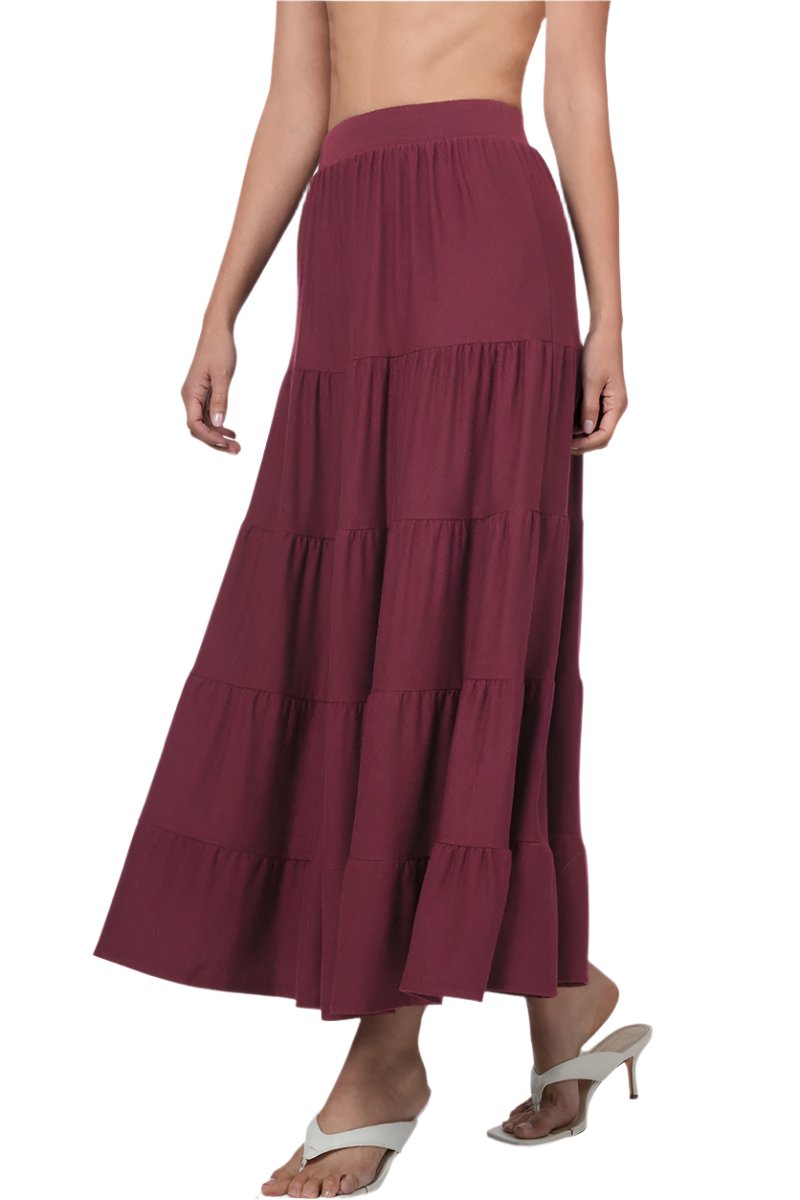 Black elastic waist tiered ruffle maxi skirt by Zenana, featuring flowing fabric and layered design for a stylish, feminine look.