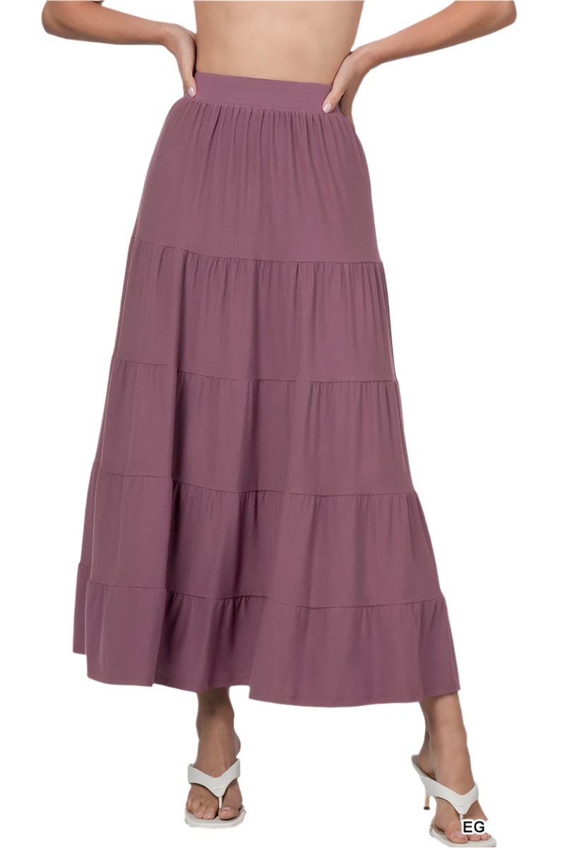 Black Zenana maxi skirt with elastic waist and tiered ruffle design, perfect for casual or dressy occasions.
