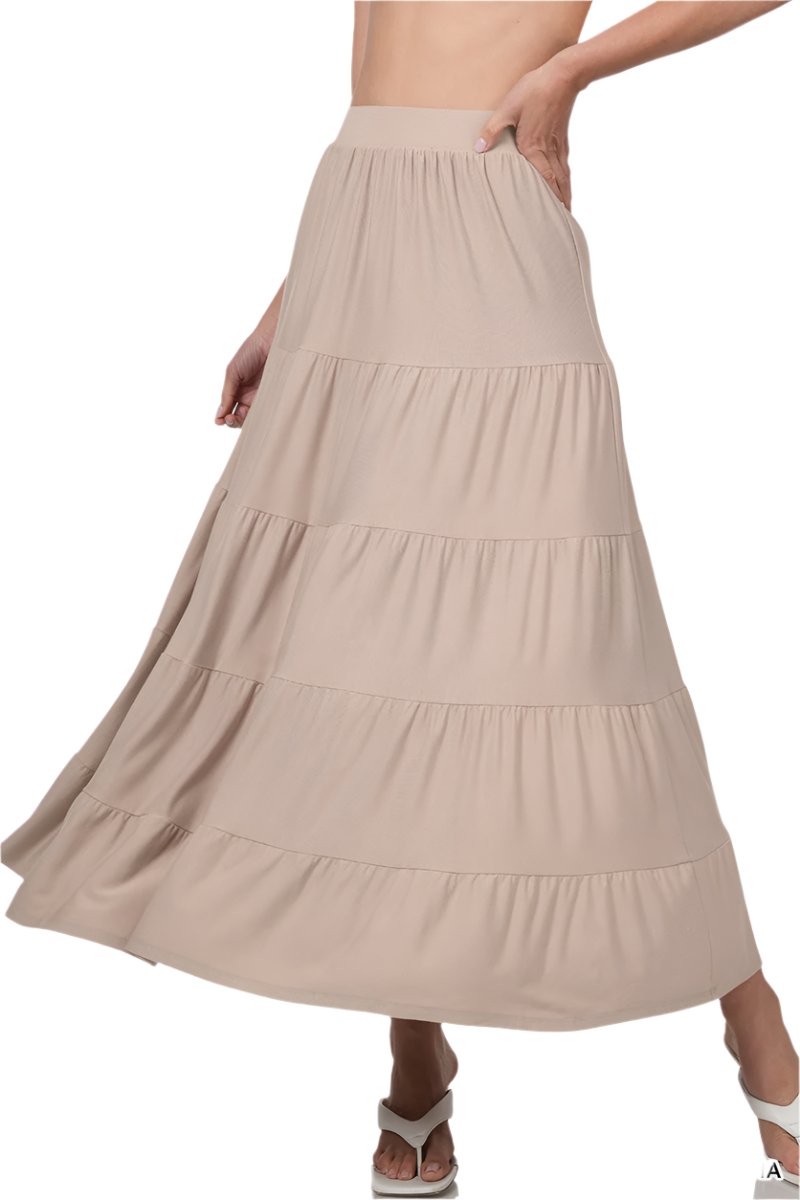 Black Zenana maxi skirt with elastic waist and tiered ruffle design, flowing and lightweight for a stylish, comfortable look.