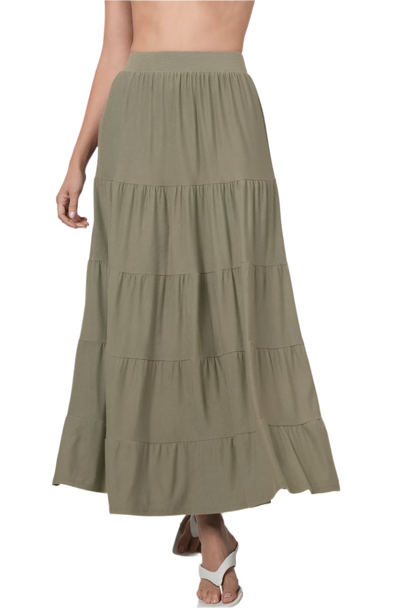 Black Zenana elastic waist tiered ruffle maxi skirt, featuring a flowing design and layered ruffle details.