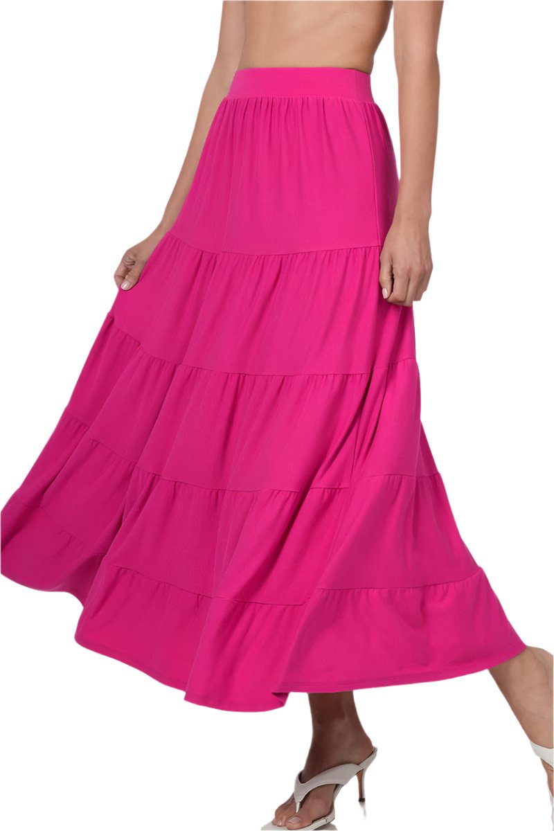 Black Zenana elastic waist tiered ruffle maxi skirt with a flowing, layered design and comfortable fit.