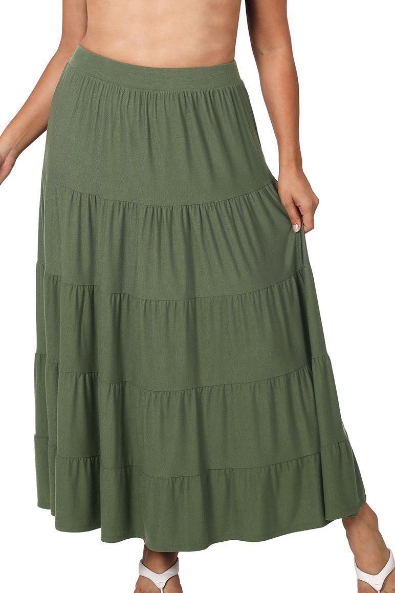 Black Zenana maxi skirt with elastic waist and tiered ruffle design, perfect for a flowy, comfortable look.