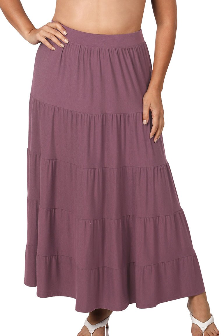 Black Zenana elastic waist tiered ruffle maxi skirt with flowing layers and a comfortable fit, perfect for casual or dressed-up looks.