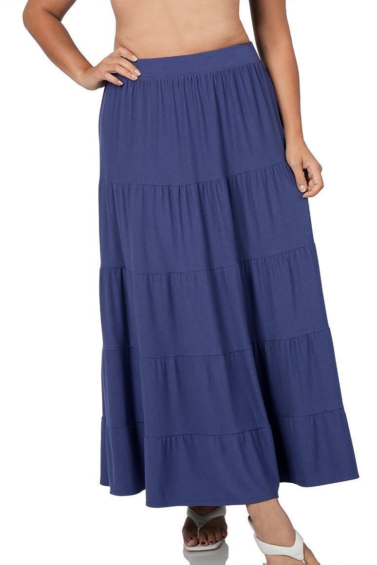 Black Zenana elastic waist tiered ruffle maxi skirt with flowing layers and a comfortable, relaxed fit.
