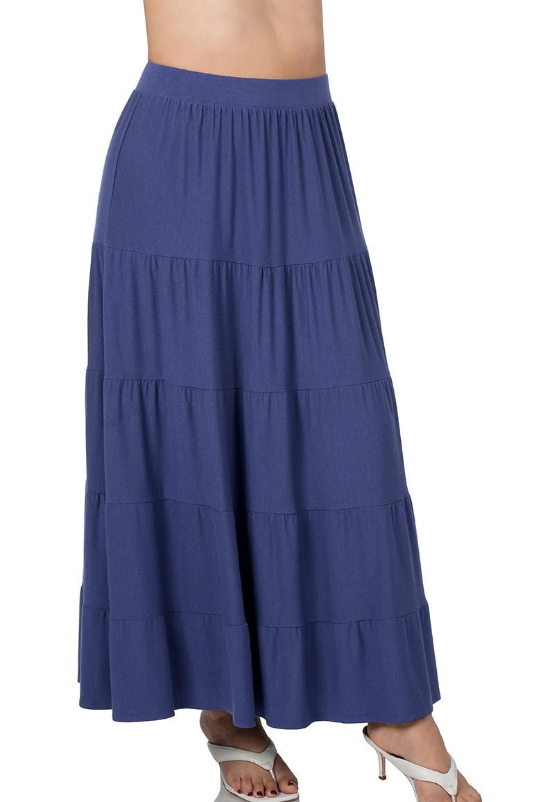 Black Zenana elastic waist tiered ruffle maxi skirt displayed on a small size, featuring flowing layers and a comfortable fit.