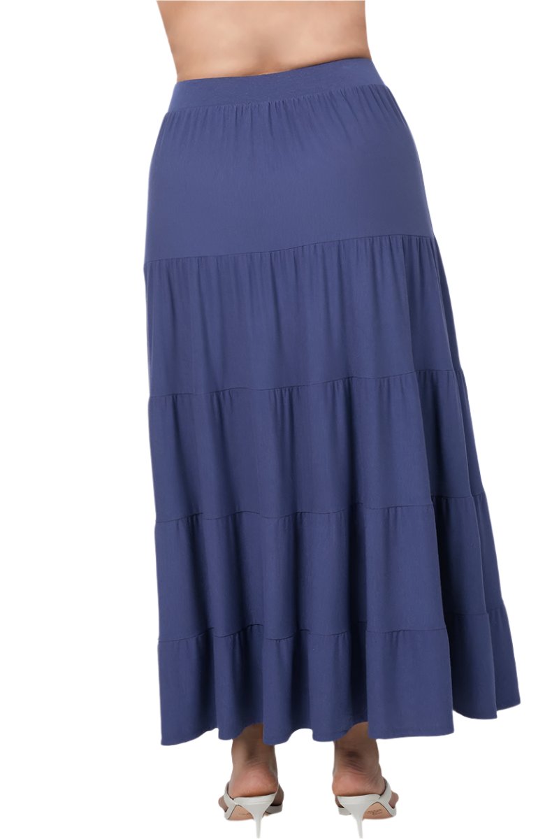 Black Zenana maxi skirt with elastic waist and tiered ruffle design, perfect for a breezy, elegant look.