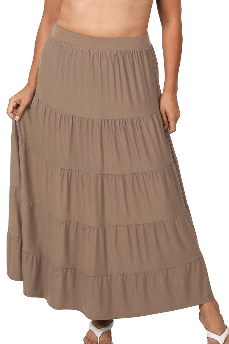 Black Zenana elastic waist tiered ruffle maxi skirt with flowy layers and a comfortable fit, perfect for casual or dressy wear.