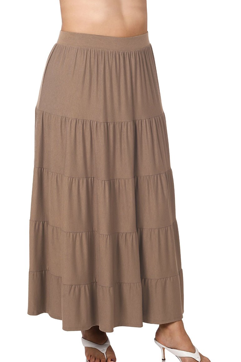 Black Zenana maxi skirt with elastic waist and tiered ruffle design, shown in a small size with flowing fabric.