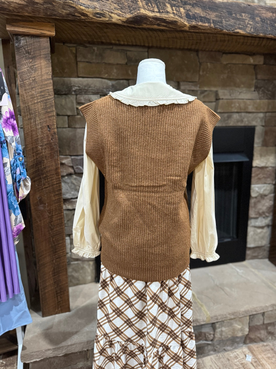Back of Zenana heathered brown sweater vest showing knit texture and ribbed trim