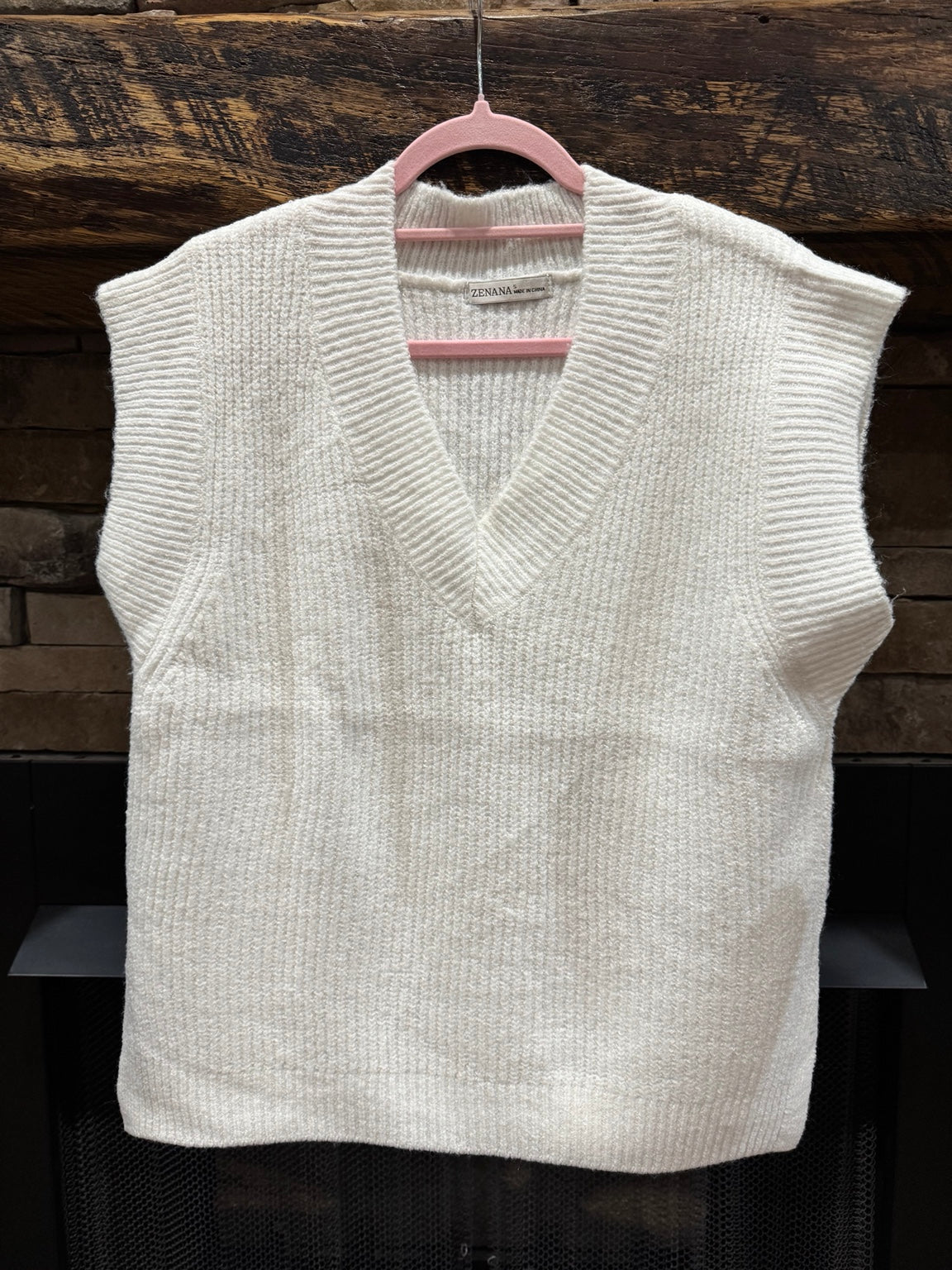 Front of Zenana solid ivory oversized V-neck sweater vest with textured knit