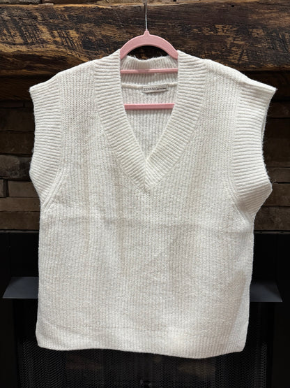 Front of Zenana solid ivory oversized V-neck sweater vest with textured knit
