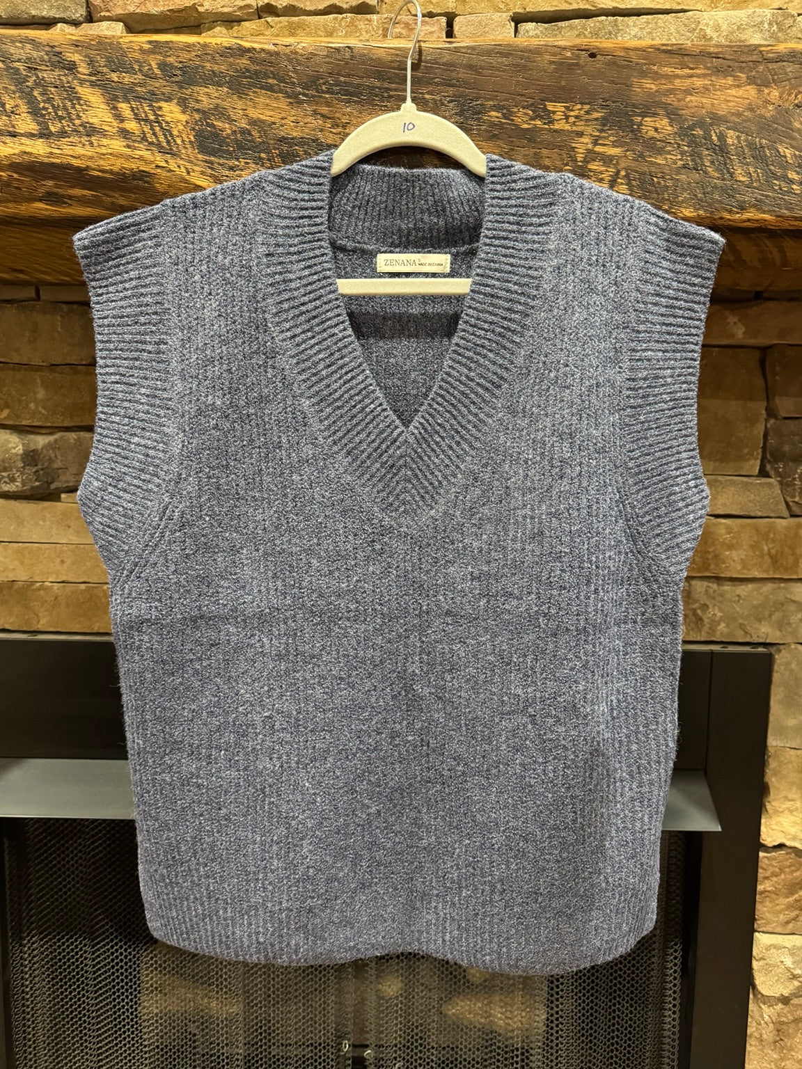 Front of Zenana heathered navy oversized V-neck sweater vest with wide ribbed trim