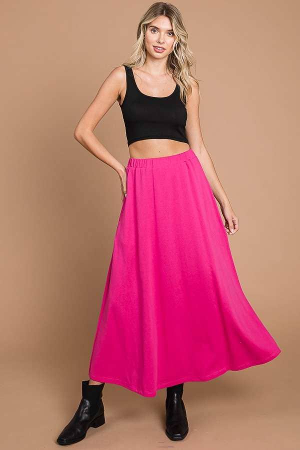 CBF1942-Maxi Full Solid Skirt with Pockets