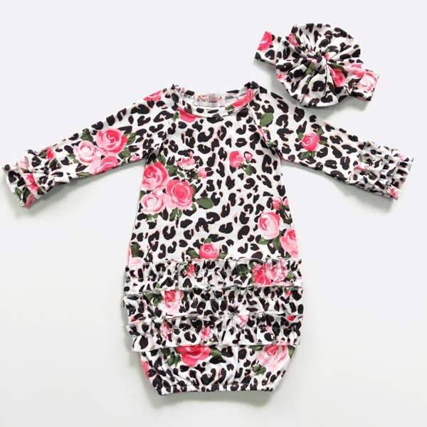 Rose Leopard Baby Gown with Headband