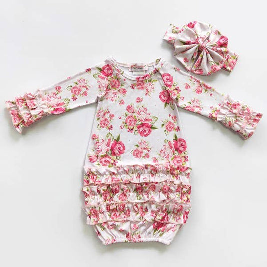 Bouquet Rose Baby Gown with Headband