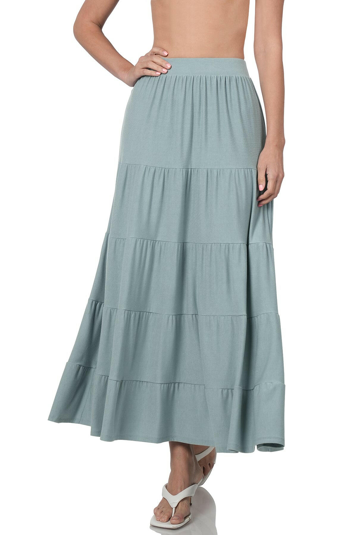 Elastic waist tiered Jersey like skirt, Blue Grey