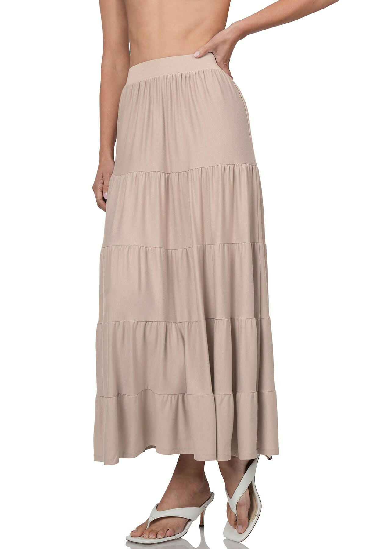 Elastic waist tiered Jersey like skirt, Light Ash