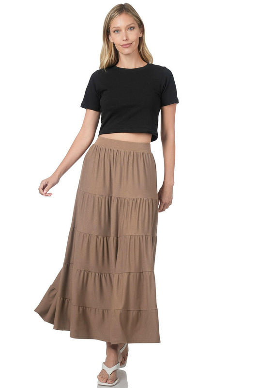 Elastic waist tiered Jersey like skirt, Mocha