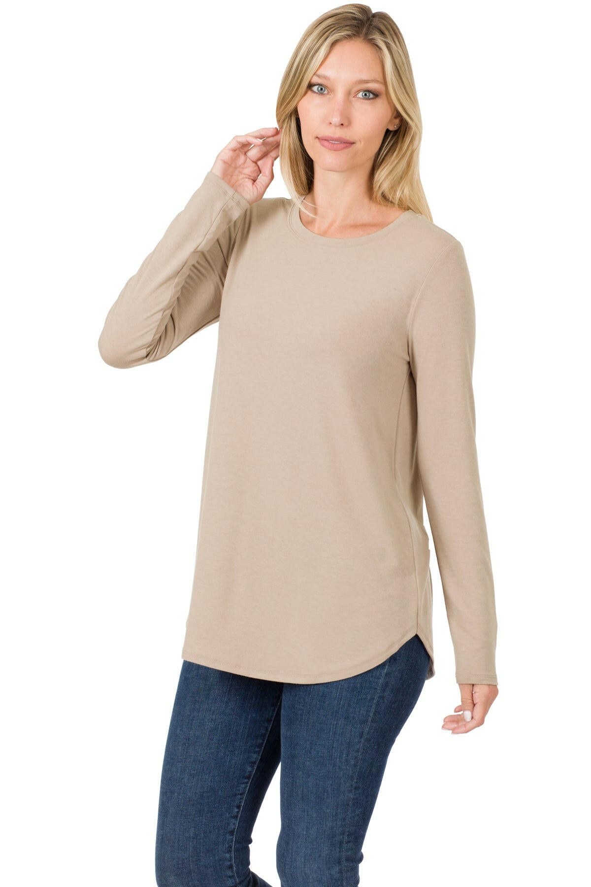 Long Sleeve Tee, Round Neck and Hem, Ash Mocha