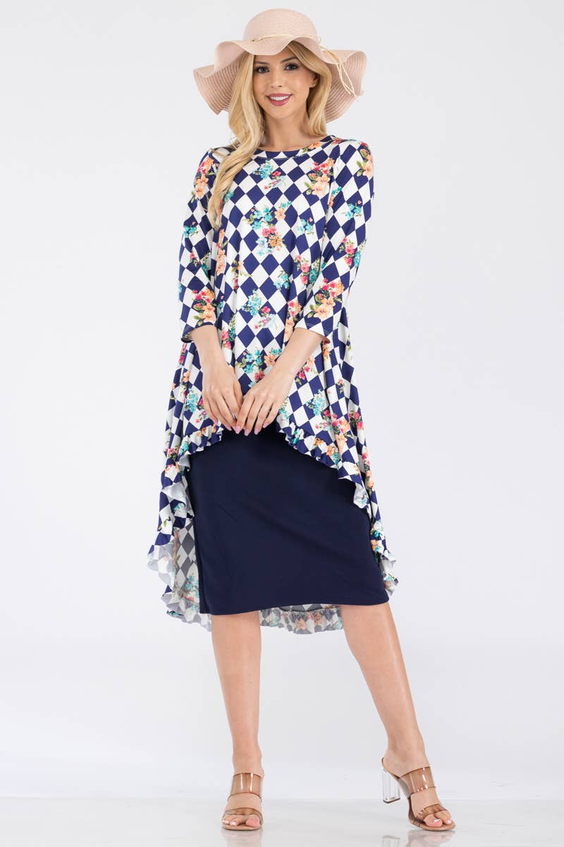 Navy floral checkered high-low tunic top with ruffle hemline by Celeste Clothing, casual and stylish women's blouse.