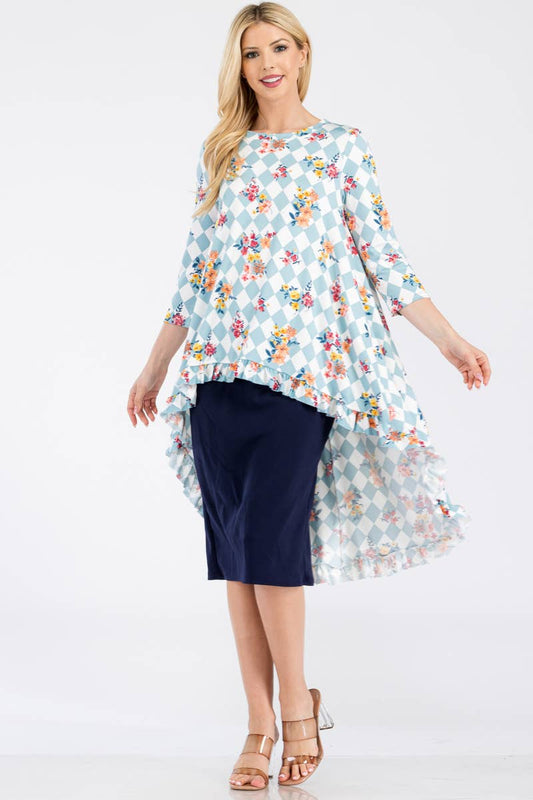 Celeste Clothing teal floral checker high-low tunic top with ruffle hem, featuring a classic checkered pattern and feminine style.