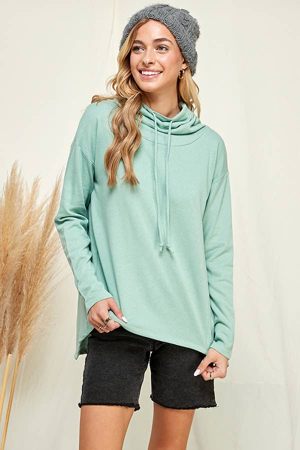 Culture Code high neck long sleeve top with high-low hem in soft white, stylish and comfortable women's fashion.