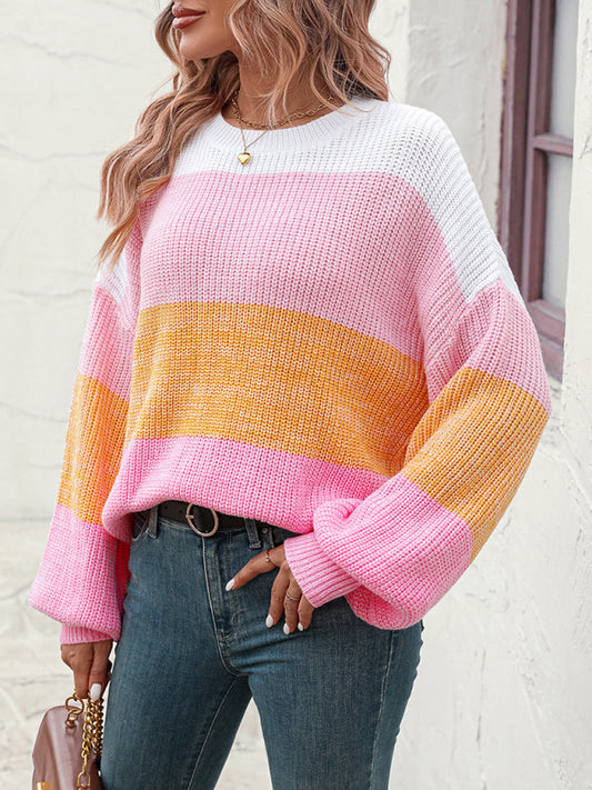 Women's Color Block Crew Neck Knit Fashion Sweater