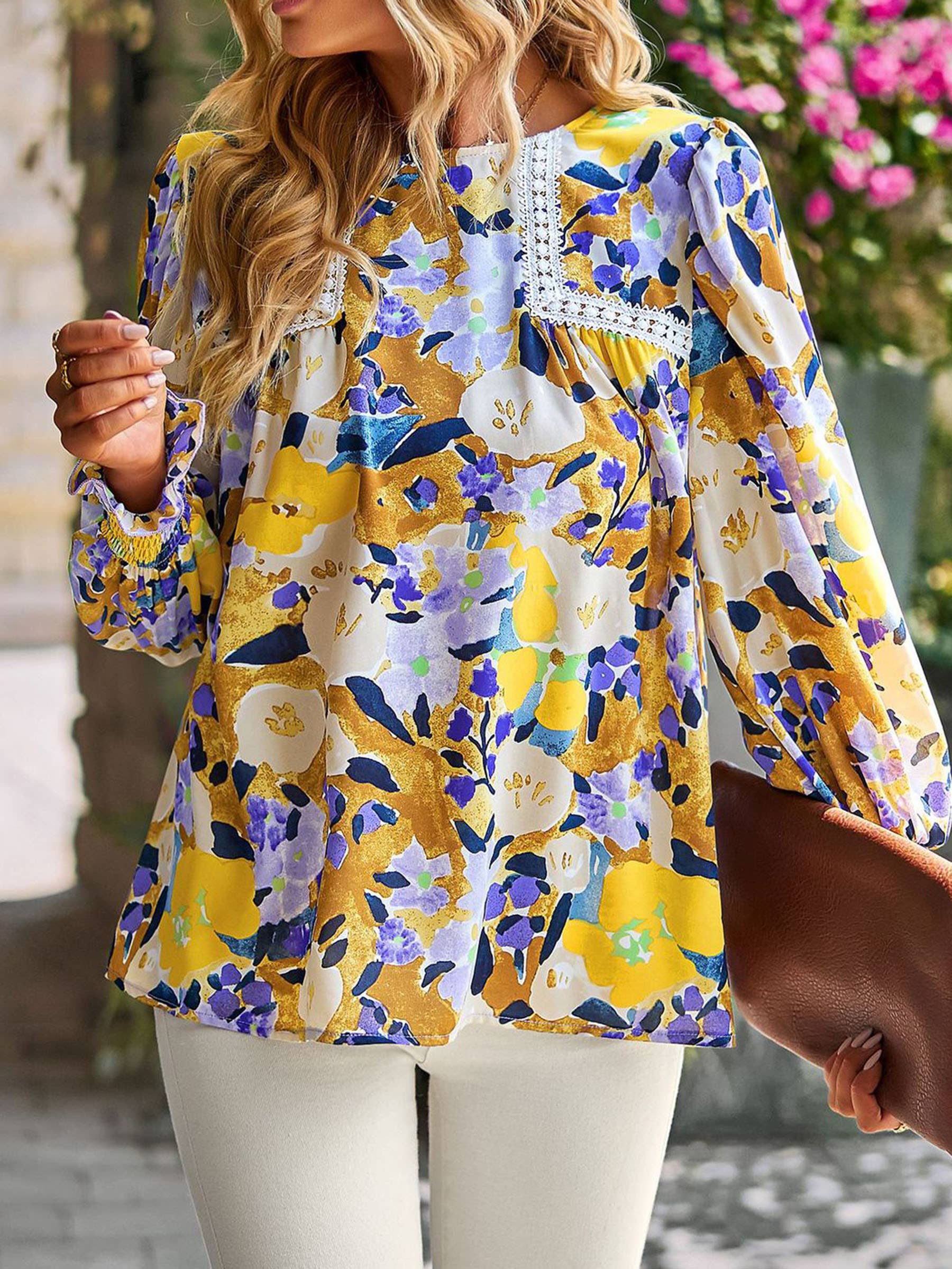 Women's floral print flounce long sleeve blouse from wholesalesir, multicolor dressy top with feminine floral design.