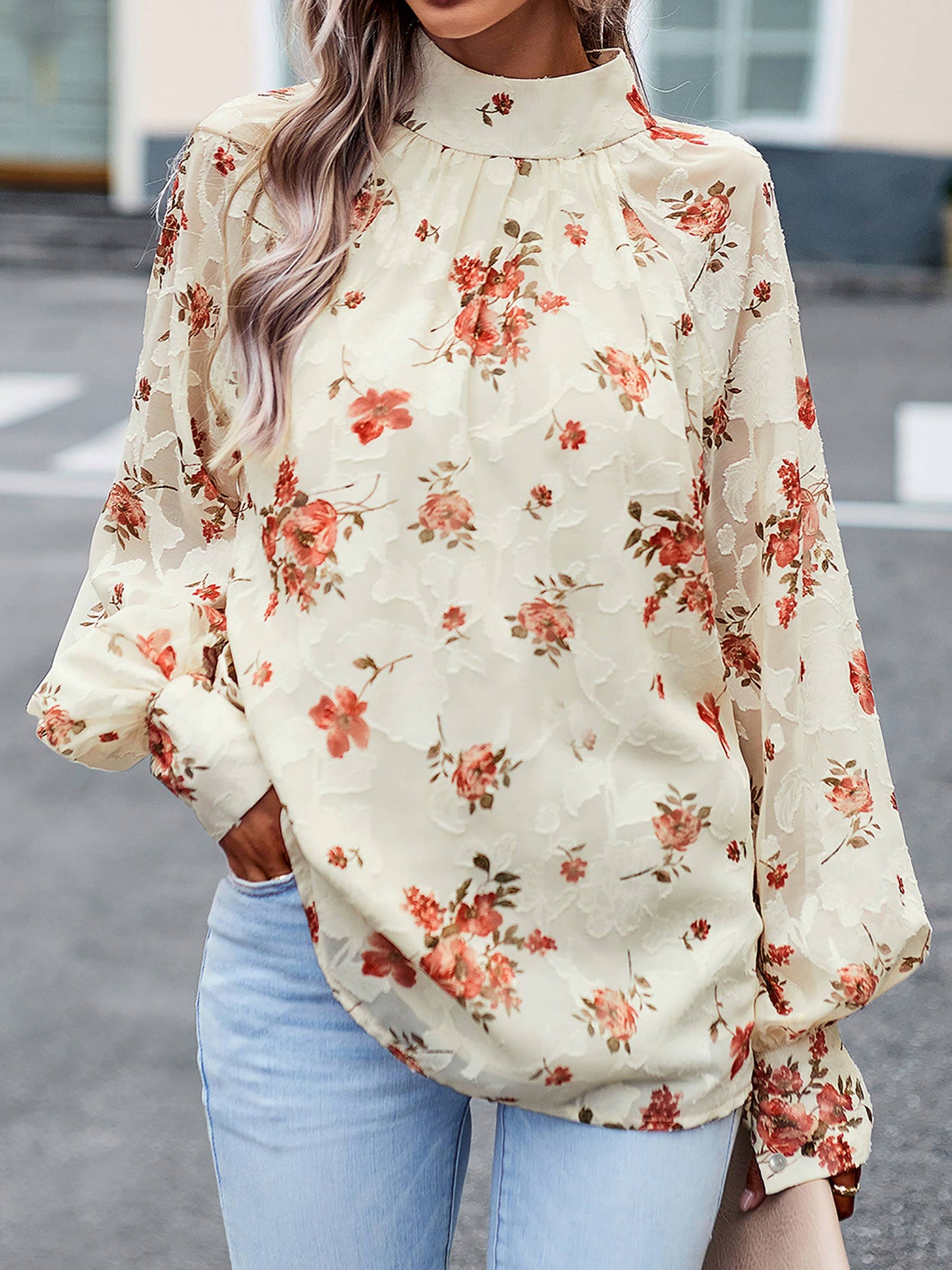 Wholesalesir floral print winter long sleeve blouse in apricot with beige and orange floral pattern, lightweight and stylish.
