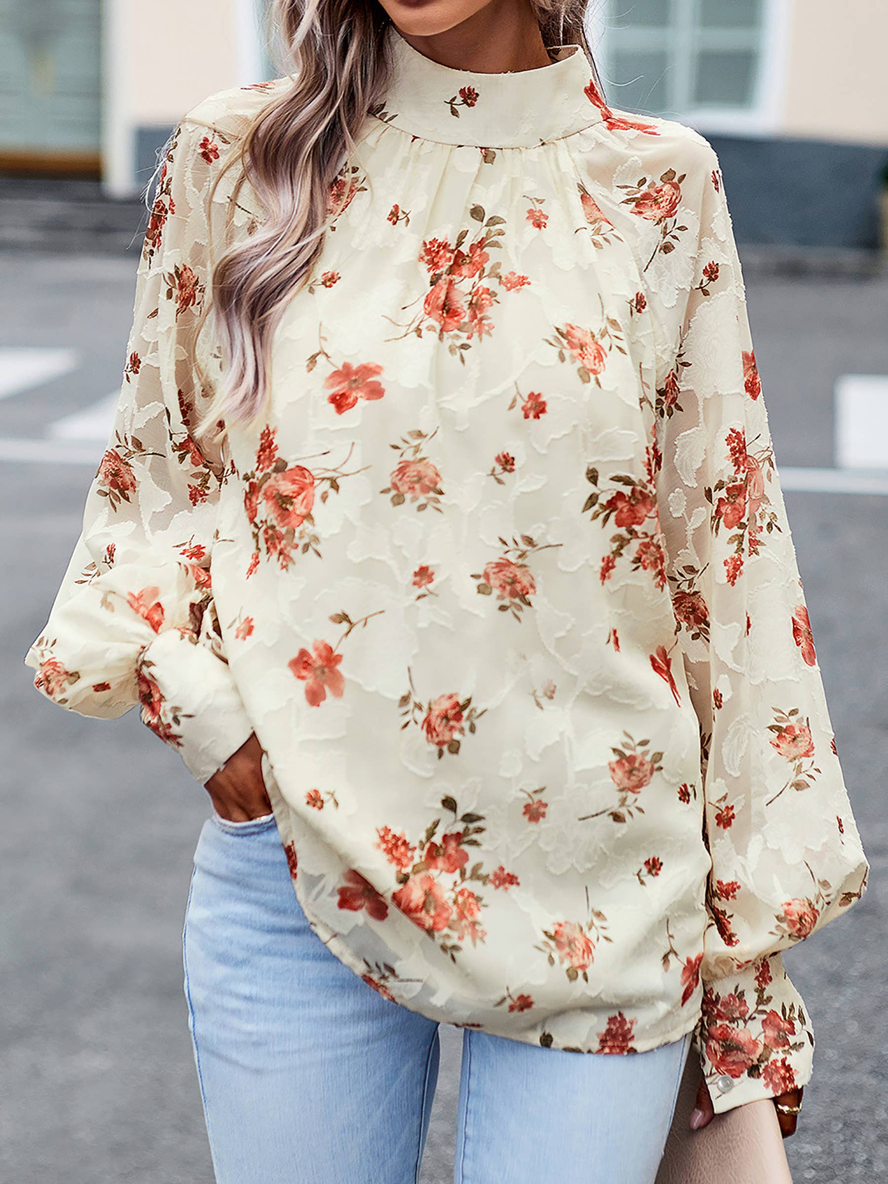 Wholesalesir floral print winter long sleeve blouse in apricot with beige and orange floral pattern, lightweight and stylish.