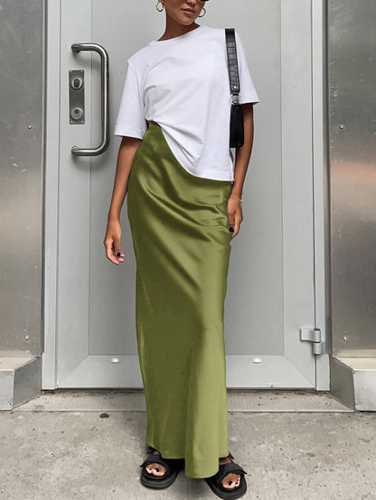 Green satin maxi skirt for women with fishtail design, perfect for commuting, by wholesalesir.