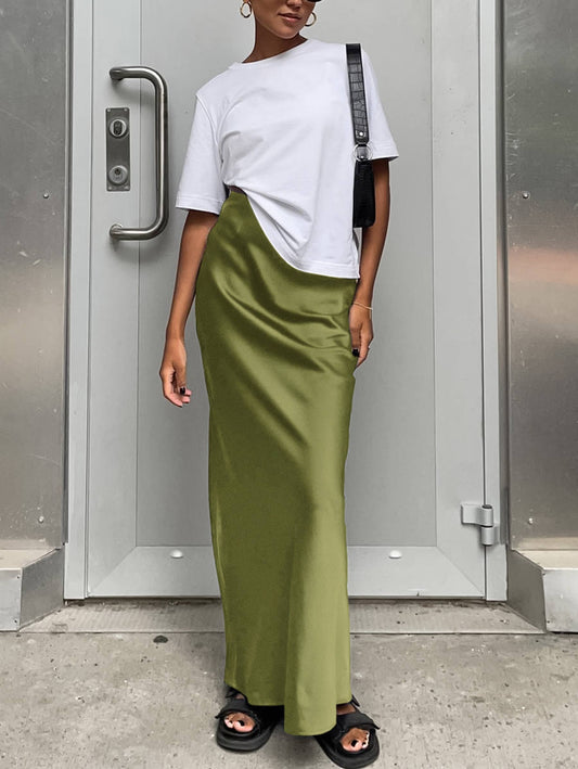 Green satin maxi skirt for women with fishtail design, perfect for commuting, by wholesalesir.